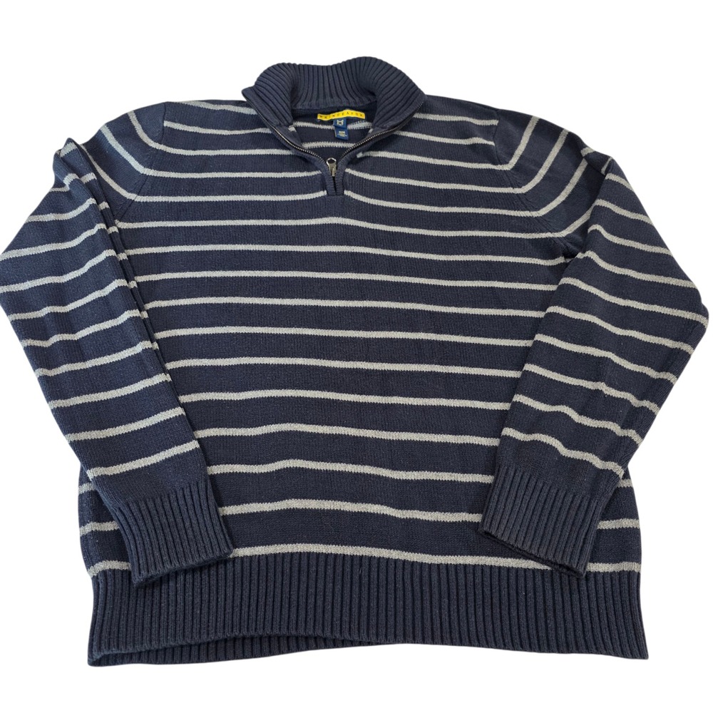 Prince & Fox Pullover Sweater Mens Blue White M Striped Quarter Zip‎ Heavyweight